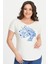 Büyük Beden Mavi Çiçekli Silüet Baskılı Geniş V Yaka Kısa Kol Oval Yırtmaç Bluz 1