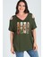 Büyük Beden Bohem Kelebek Baskılı Omuzu V Pencere Kısa Kol Bluz 1