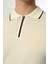 Triko Polo Yaka Çizgi Detay Tshirt %100 Pamuk Ekru 5