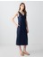 Lacivert Rahat Kesim V Yaka Kolsuz Keten Midi Elbise 3