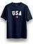 Unisex Oversize Bisiklet Yaka Usa Baskılı Kısa Kollu Lacivert Tişört 1