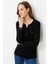 Kadın Açma Yaka Önü Cepli Pamuklu Bluz Siyah 3