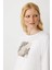 Kadın Sıfır Yaka Önü Taş Baskılı Penye Bluz Ekru 2