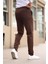 Düğmesiz Düz Kumaş Kahverengi Jogger Pantolon 3