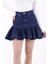 Fırfırlı ve Yüksek Belli Cepli Tatlı - Şirin Model Mini Kot Kadın Etek Düz Koyu Rins Mavi Denim 4