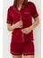 Kadın Luxury Düğmeli Şortlu Pijama Takımı Bordo 2