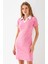 Kadın Polo Yaka Kısa Kollu Çizgili Elbise Pembe Beyaz - 25538 3