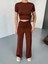 Osy Modal Yumuşak Dokulu Kumaş Kısa Kollu Crop Rahat Pantalon Ikili Takım - Kahverengi 3