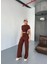 Osy Modal Yumuşak Dokulu Kumaş Kısa Kollu Crop Rahat Pantalon Ikili Takım - Kahverengi 1