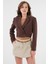 Acı Kahverengi Kruvaze Crop Blazer Ceket 1