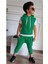 Erkek Çocuk Kapüşonlu Şerit Detaylı Kat Şerit Detaylı Sweatshirt Lastikli Yeşil Eşofman 1