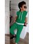 Erkek Çocuk Kapüşonlu Şerit Detaylı Kat Şerit Detaylı Sweatshirt Lastikli Yeşil Eşofman 2