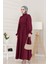 Kolu Volanlı Kemerli Henna Elbise-Bordo 3
