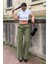 Haki Beli Büzgülü Wide Leg Kumaş Pantolon MG1950 2