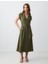 Haki Düz Kesim Kısa Kollu Gömlek Yaka Keten Midi Elbise 1