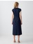 Lacivert Düz Kesim Kısa Kollu Gömlek Yaka Keten Midi Elbise 5
