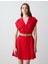 Kırmızı Kısa Kollu Gömlek Yaka Kemer Detaylı Keten Mini Elbise 1