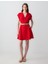 Kırmızı Kısa Kollu Gömlek Yaka Kemer Detaylı Keten Mini Elbise 2