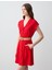 Kırmızı Kısa Kollu Gömlek Yaka Kemer Detaylı Keten Mini Elbise 3