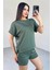 TKM-0021 Haki T Kol Model Bisiklet Yaka Tişört Bel Lastikli Ip Bağlamalı Cepli Şort Ikili Takım 2