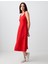 Kırmızı U Yaka Kolsuz Keten Midi Elbise 2