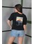 Unisex Bisiklet Yaka Baskılı Oversize T-Shirt - Siyah 4