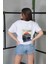 Unisex Bisiklet Yaka Baskılı Oversize T-Shirt- Beyaz 4