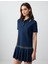 Lacivert Rahat Kesim Polo Yaka Kısa Kollu Piliseli Örme Mini Elbise 3