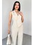 ELB-01778 Taş Rengi Klapa Yaka Asimetrik Kesim Sıfır Kol Tulum 2
