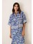 Mavi Kısa Kollu Desenli Keten Gömlek 5