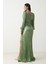 Yeşil V Yaka Bel Detaylı Uzun Kollu Tam Kalıp Uzun Abiye Elbise 5