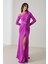 Fuşya Düşük Omuz ve Drape Detaylı Yırtmaçlı Uzun Abiye Elbise 1