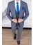 Erkek Slim Fit Sivri Yaka Gri Ekose Kombin Yelekli Takım Elbise 3