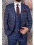 Erkek Slim Fit Sivri Yaka Açık Lacivert Ekose Kombin Yelekli Takım Elbise 1