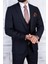 Erkek Slim Fit Sivri Yaka Koyu Lacivert Ekose Yelekli Takım Elbise 1