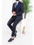 Erkek Slim Fit Sivri Yaka Lacivert Yelekli Takım Elbise 2