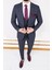 Erkek Slim Fit Sivri Yaka Koyu Lacivert Ekose Kombin Yelekli Takım Elbise 3