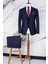 Erkek Slim Fit Sivri Yaka Lacivert Yelekli Takım Elbise 1