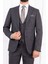 Erkek Slim Fit Sivri Yaka Gri Ekose Yelekli Kombin Takım Elbise 2