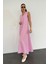 Pembe V Yaka Maxi Boy Keten Elbise 3
