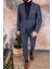 Erkek Slim Fit Sivri Yaka Açık Lacivert Çizgili Yelekli Takım Elbise 1