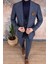 Erkek Slim Fit Sivri Yaka Açık Lacivert Çizgili Yelekli Takım Elbise 3