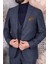 Erkek Slim Fit Sivri Yaka Açık Lacivert Çizgili Yelekli Takım Elbise 4