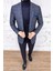 Erkek Slim Fit Sivri Yaka Ekose Yelekli Lacivert Kombin Takım Elbise 3