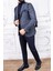 Erkek Slim Fit Sivri Yaka Ekose Yelekli Lacivert Kombin Takım Elbise 4
