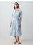 Mavi Gömlek Yaka Dirsek Kol Çizgili Midi Dokuma Elbise 1