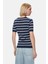 Mısha Lacivert Çizgili Bisiklet Yaka Triko Nakışlı Standard Fit Kadın Tshirt 4