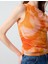 Turuncu Kayık Yaka Çiçek Desenli Kolsuz Mesh Örme Bluz 5