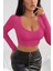 Marsilyan- Kadın Fuşya Uzun Kol Kare Yaka Crop Top Bluz 1