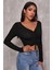 Marsilyan- Kadın Siyah Uzun Kollu Büzdürme Bağcık Detaylı Crop Top Bluz 3